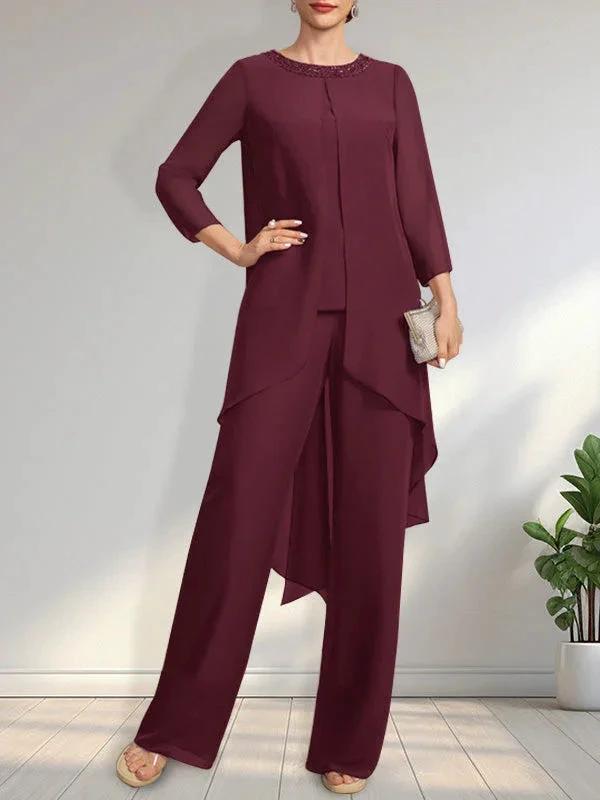 Separates Jumpsuit/Pantsuit Scoop Floor-Length Chiffon Mother of the Bride Dress With Sequins Beading by Dreamylily