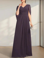 A-line V-Neck Floor-Length Chiffon Mother of the Bride Dress With Pleated by Dreamylily
