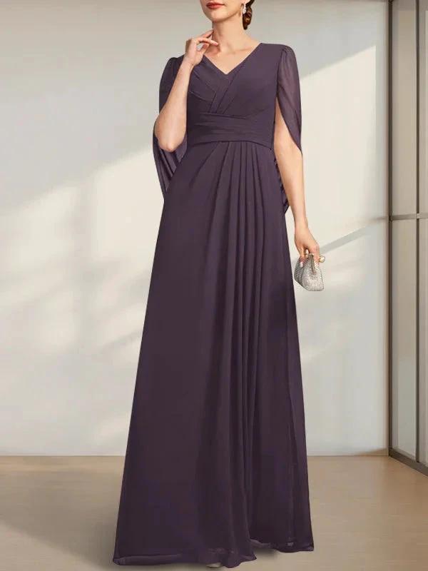 A-line V-Neck Floor-Length Chiffon Mother of the Bride Dress With Pleated by Dreamylily