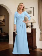 Sheath/Column V-Neck Illusion Floor-Length Lace Chiffon Mother of the Bride Dress With Pleated Sequins by Dreamylily