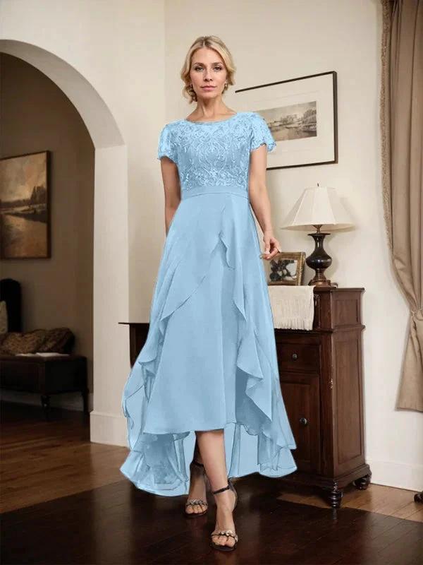 A-line Scoop Illusion Asymmetrical Chiffon Lace Mother of the Bride Dress With Bow Ruffle Sequins by Dreamylily