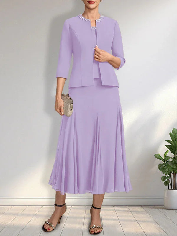 Separates A-line Scoop Tea-Length Chiffon Mother of the Bride Dress With Sequins Beading by Dreamylily