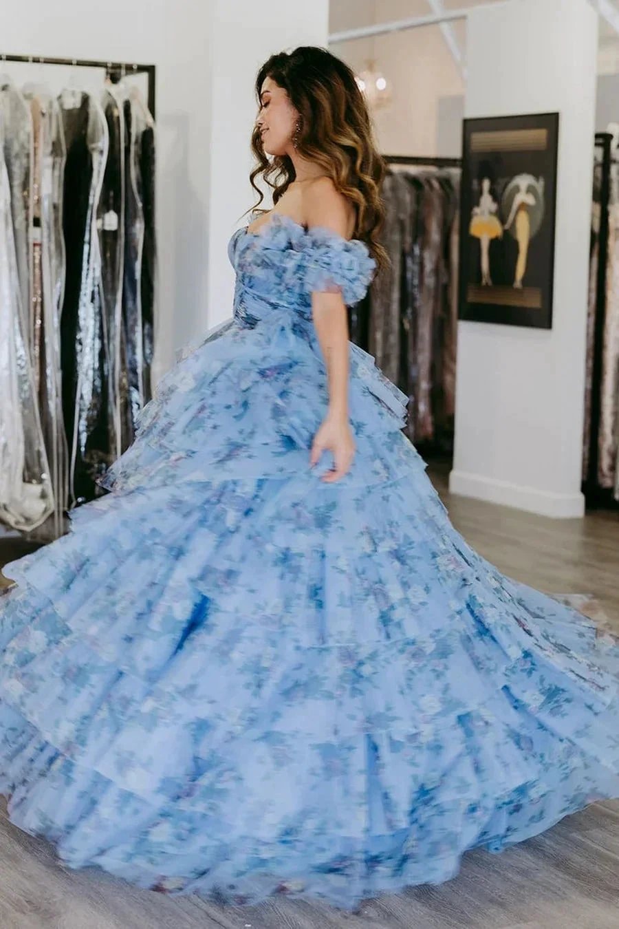 Sigourney | Blue Floral Tiered A-Line Long Prom Dress with Ruffles by KissProm