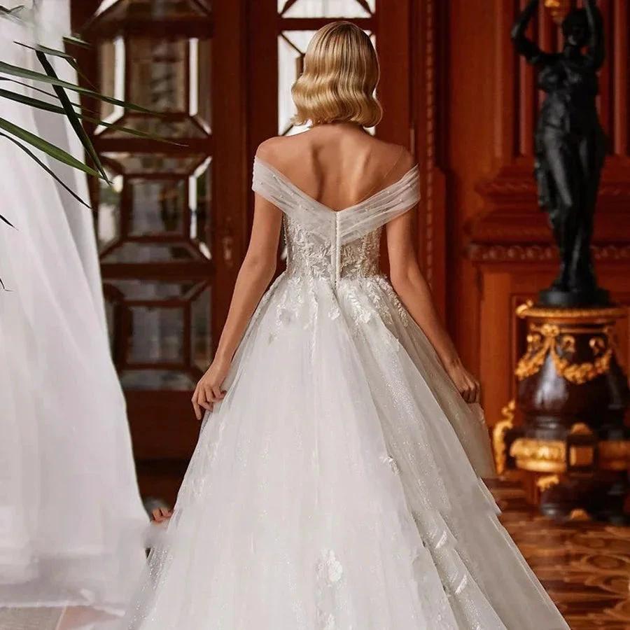 V-neck Sexy Romantic Wedding Dress 2023 A-line Floor-length Charming Off The Shoulder Beaded Appliques Bridal by payinti