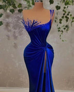 Glamorous Royal Blue Velvet Evening Dress, Unique Design Straps Evening Gown With High Split Y719 by simplepromdress