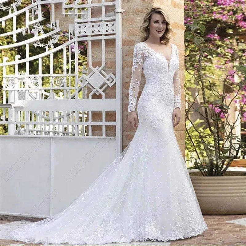 V Neck Wedding Dresses Mermaid Appliques Long Sleeves Bridal Dress Vestidos De Noiva Mariage Custom Made Vintage by payinti