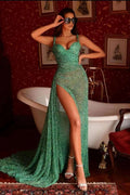 Spaghetti Straps Sleeveless Sequin Mermaid Prom Dress with Front Split by BIZTUNNEL