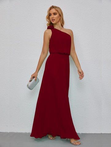 Ruffled One Shoulder Sleeveless Long Bridesmaid Dresses A-line Formal Evening Gown Side Split 28080