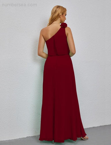 Ruffled One Shoulder Sleeveless Long Bridesmaid Dresses A-line Formal Evening Gown Side Split 28080