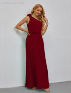 Ruffled One Shoulder Sleeveless Long Bridesmaid Dresses A-line Formal Evening Gown Side Split 28080 by numbersea