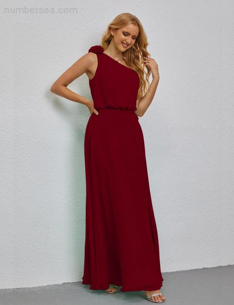 Ruffled One Shoulder Sleeveless Long Bridesmaid Dresses A-line Formal Evening Gown Side Split 28080 by numbersea
