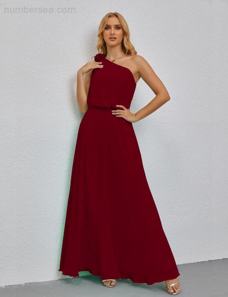 Ruffled One Shoulder Sleeveless Long Bridesmaid Dresses A-line Formal Evening Gown Side Split 28080 by numbersea