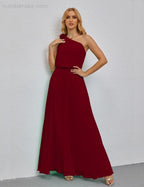 Ruffled One Shoulder Sleeveless Long Bridesmaid Dresses A-line Formal Evening Gown Side Split 28080 by numbersea