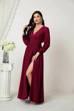 Sunnderly Evening Dresses Deep V-Neck Chiffon Bridesmaid Dresses Long Bishop Sleeve Side Split Formal Dress SY2806 by numbersea