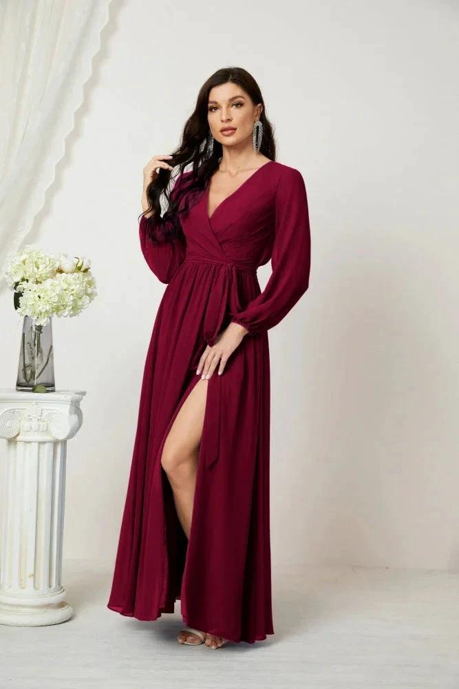 Sunnderly Evening Dresses Deep V-Neck Chiffon Bridesmaid Dresses Long Bishop Sleeve Side Split Formal Dress SY2806 by numbersea