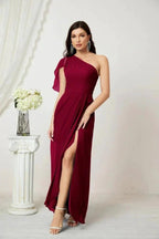 Numbersea Chiffon Ruffled One Shoulder Long Bridesmaid Dresses A-line Formal Evening Gown Side Split 2809 by numbersea