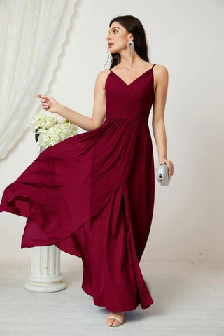 Numbersea Chiffon V-Neck Bridesmaid Dress Spaghetti Strap Long Formal Party Prom Gowns with Slit 28010