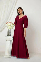 Numbersea Formal Prom Gown Women V-Neck Chiffon Bridesmaid Dresses Long Bishop Sleeve Party Dress 2807 by numbersea