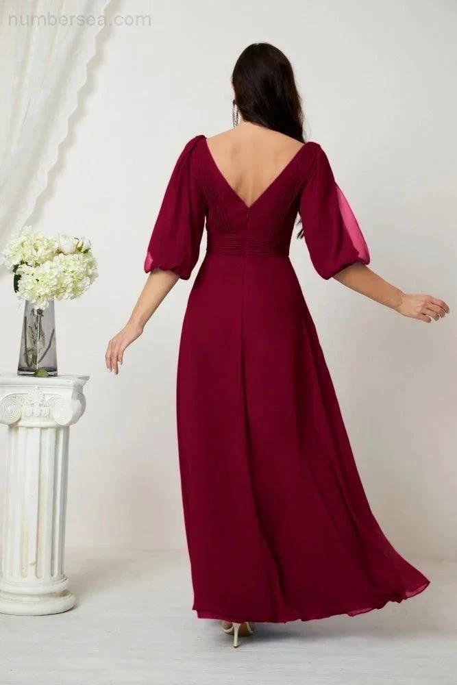Numbersea Formal Prom Gown Women V-Neck Chiffon Bridesmaid Dresses Long Bishop Sleeve Party Dress 2807 by numbersea