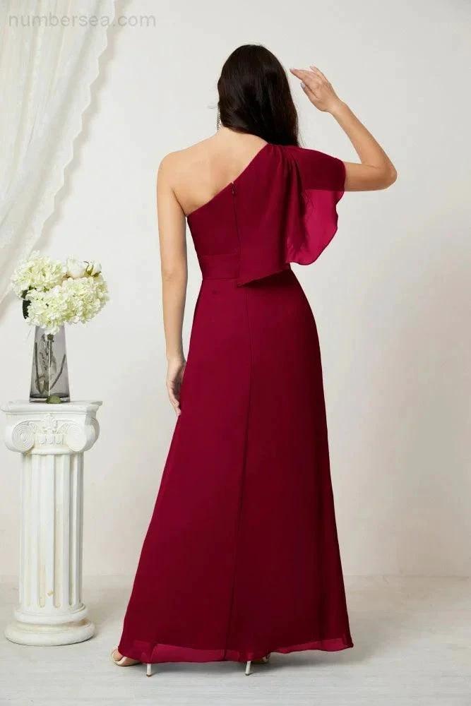 Numbersea Chiffon Ruffled One Shoulder Long Bridesmaid Dresses A-line Formal Evening Gown Side Split 2809 by numbersea