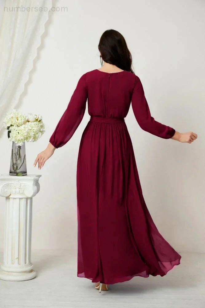 Sunnderly Evening Dresses Deep V-Neck Chiffon Bridesmaid Dresses Long Bishop Sleeve Side Split Formal Dress SY2806 by numbersea