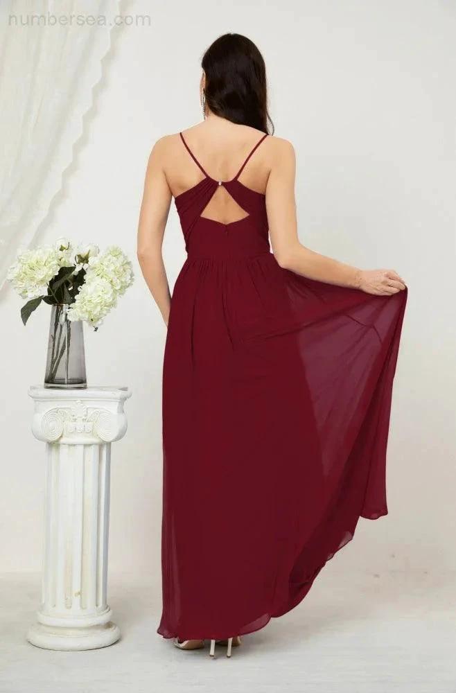 Numbersea Neck Bridesmaid Dresses Chiffon Long Spaghetti A-line Formal Prom Gown for Wedding Party Evening 2801 by numbersea