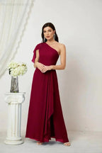 Numbersea Chiffon Ruffled One Shoulder Long Bridesmaid Dresses A-line Formal Evening Gown Side Split 2809 by numbersea