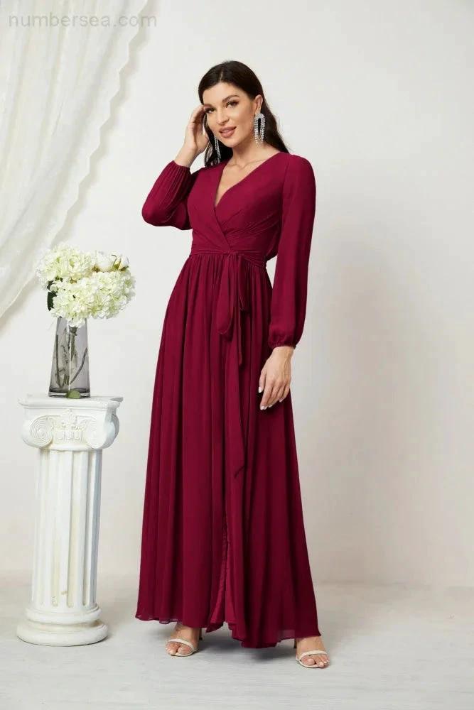 Sunnderly Evening Dresses Deep V-Neck Chiffon Bridesmaid Dresses Long Bishop Sleeve Side Split Formal Dress SY2806 by numbersea