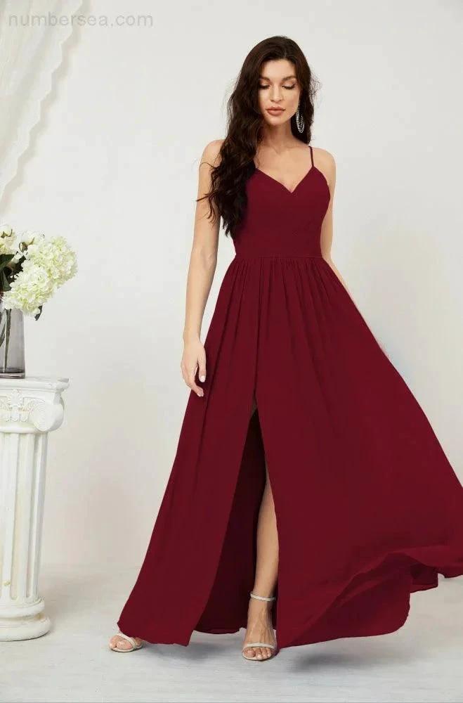 Numbersea Neck Bridesmaid Dresses Chiffon Long Spaghetti A-line Formal Prom Gown for Wedding Party Evening 2801 by numbersea