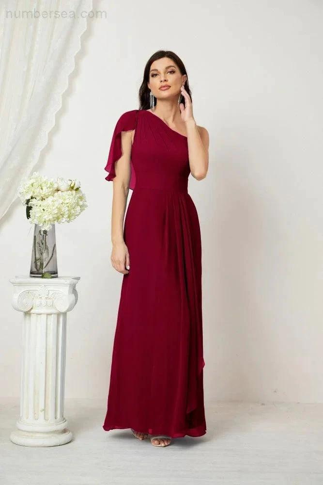 Numbersea Chiffon Ruffled One Shoulder Long Bridesmaid Dresses A-line Formal Evening Gown Side Split 2809 by numbersea