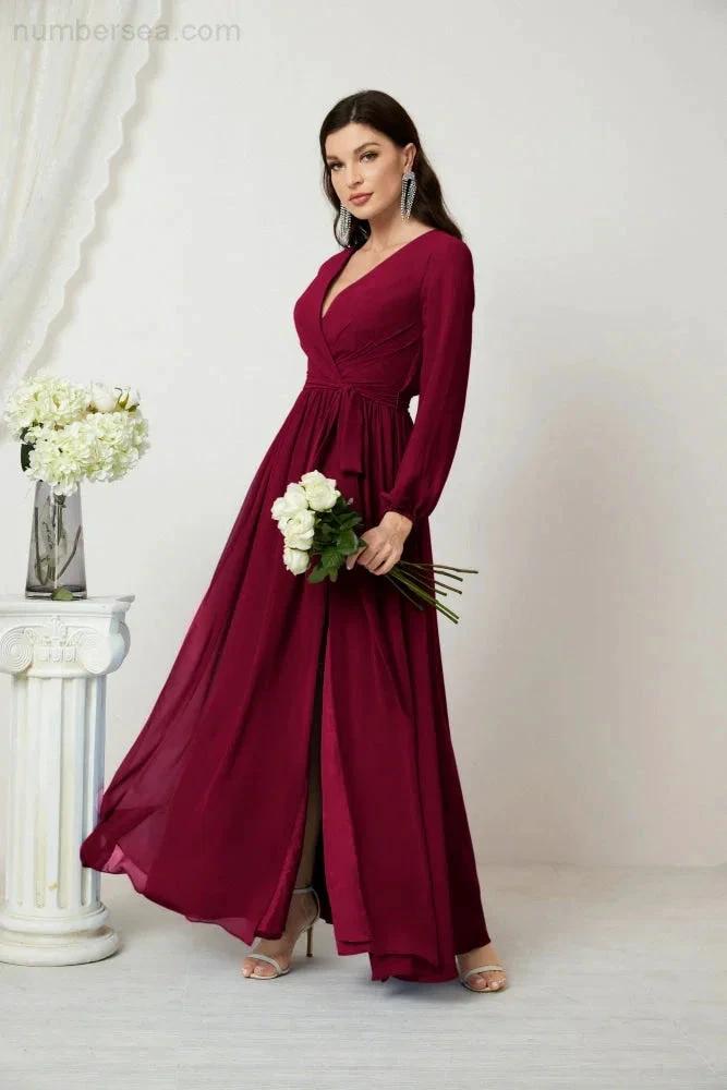 Sunnderly Evening Dresses Deep V-Neck Chiffon Bridesmaid Dresses Long Bishop Sleeve Side Split Formal Dress SY2806 by numbersea