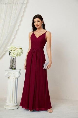Numbersea Chiffon V-Neck Bridesmaid Dress Spaghetti Strap Long Formal Party Prom Gowns with Slit 28010