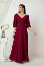 Numbersea Formal Prom Gown Women V-Neck Chiffon Bridesmaid Dresses Long Bishop Sleeve Party Dress 2807 by numbersea