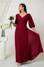 Numbersea Formal Prom Gown Women V-Neck Chiffon Bridesmaid Dresses Long Bishop Sleeve Party Dress 2807 by numbersea