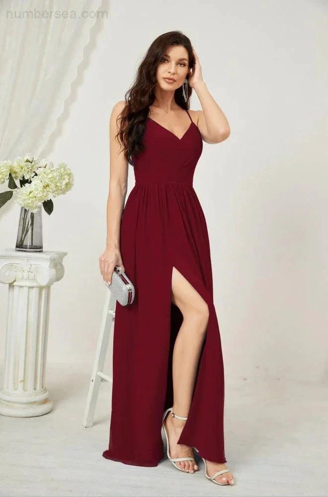 Numbersea Neck Bridesmaid Dresses Chiffon Long Spaghetti A-line Formal Prom Gown for Wedding Party Evening 2801 by numbersea