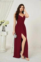 Numbersea Neck Bridesmaid Dresses Chiffon Long Spaghetti A-line Formal Prom Gown for Wedding Party Evening 2801 by numbersea