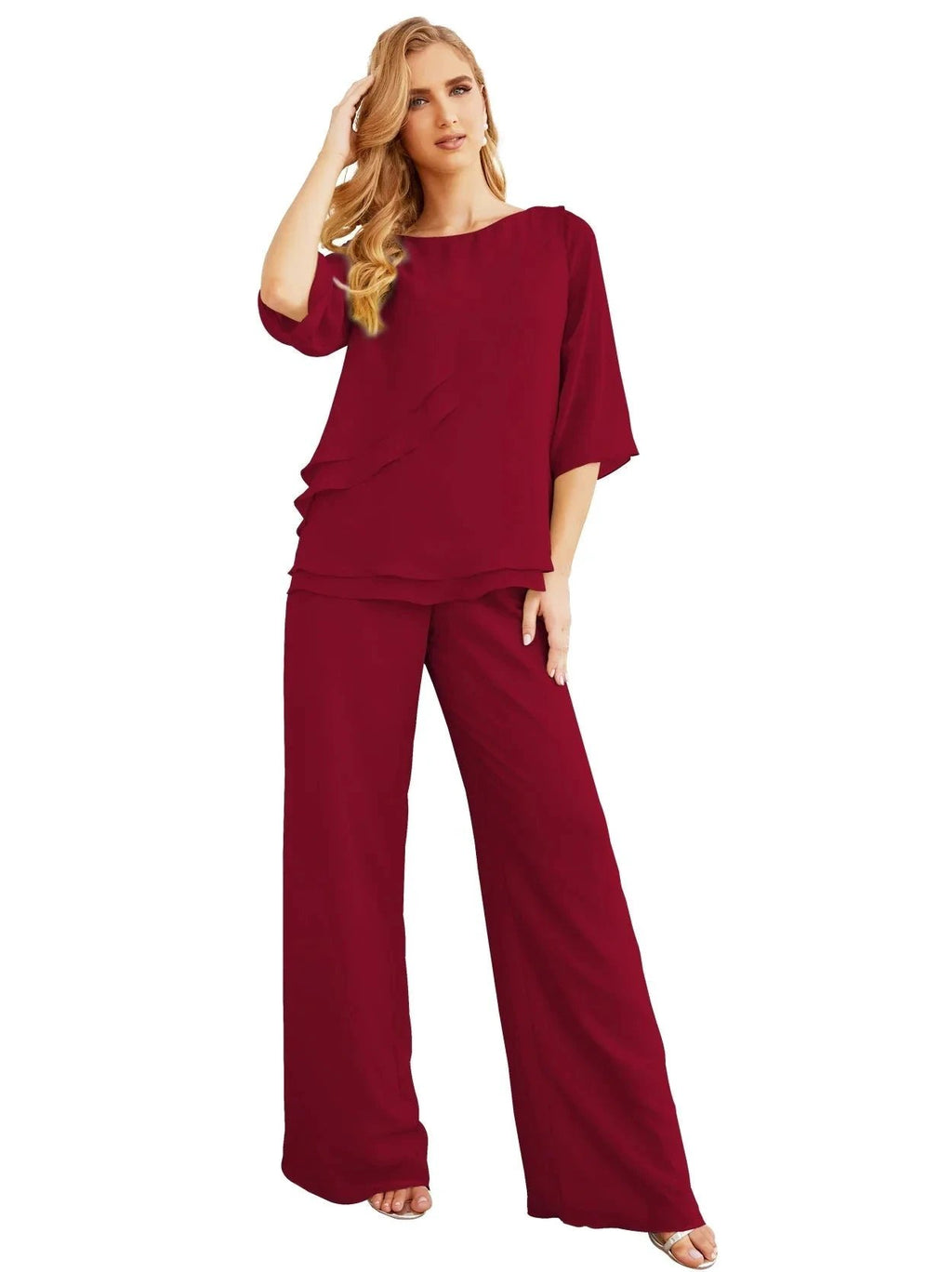 Sunnderly Elegant 2 Piece Mother of The Bride Dress Plus Size Pant Suits Ruffle Layers Sliver Housecoat SY28064 by numbersea