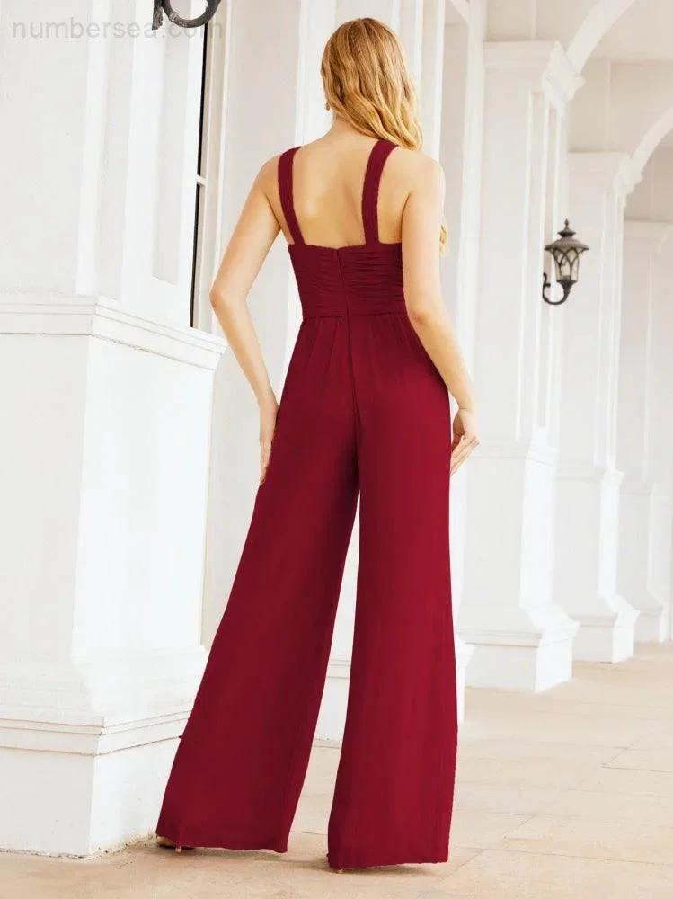 Numbersea Crisscross Neck Jumpsuit Formal Evening Dress Long Bridesmaid Dresses Bell-bottomed Pants 28033 by numbersea