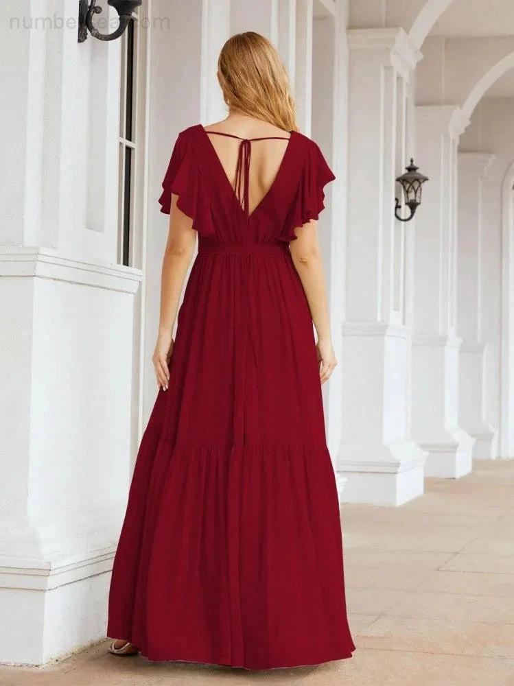 Numbersea Women's Open Back Formal Evening Party Prom Gowns V-Neck Long Chiffon Bridesmaid Dresses with Waist Belt 28038 by numbersea