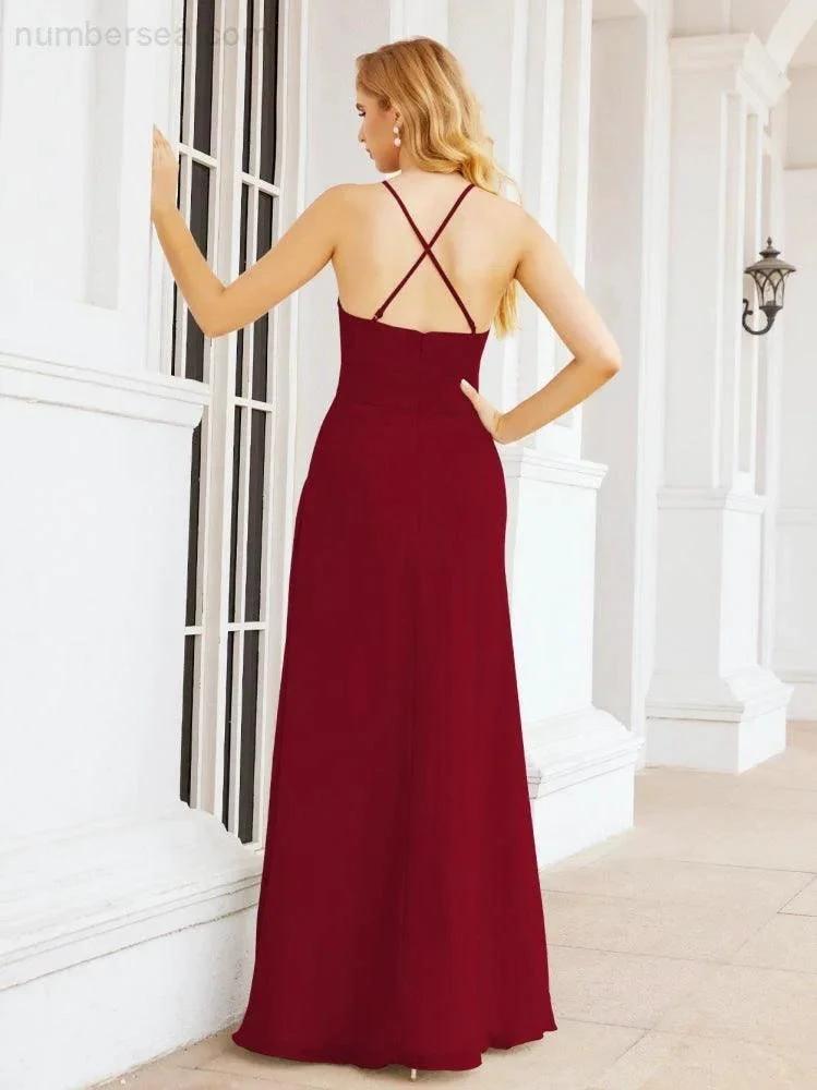 Numbersea Halter Bridesmaid Dresses with Pockets Sleeveless Formal Evening Party Prom Gowns 28055 by numbersea