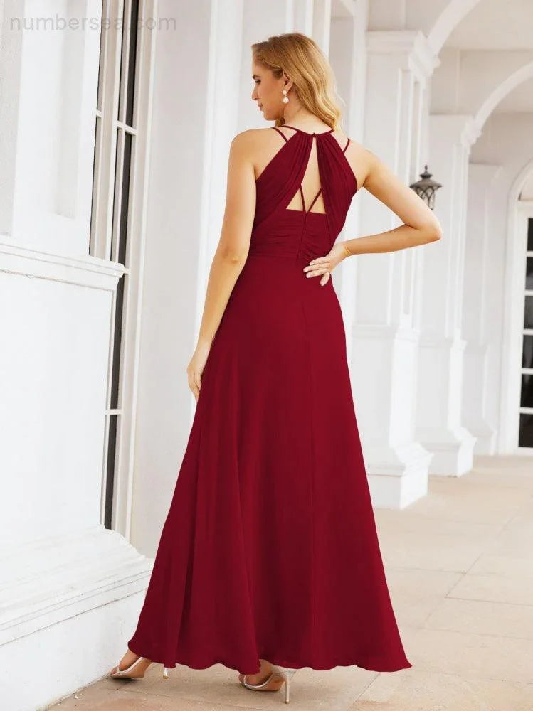Vestidos de Damas de Honra Numbersea com Alças Duplas de Espaguete para Mulher Vestido Longo Formal para Festa com Fenda Lateral 28051