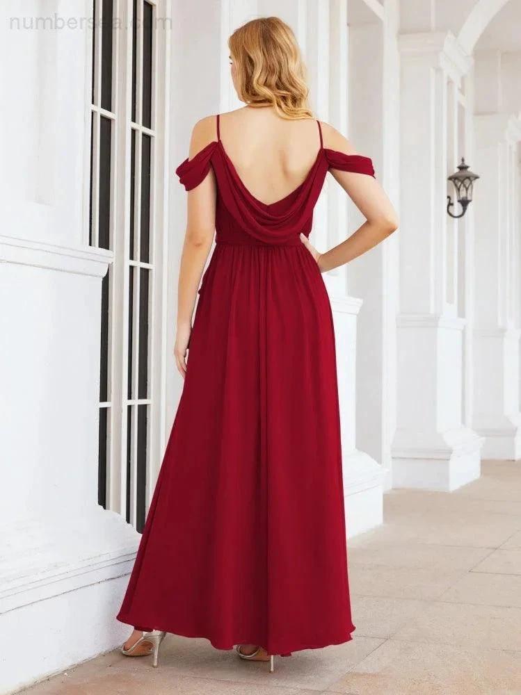 Numbersea Off The Shoulder Chiffon Bridesmaid Dress Long Formal Graduation Gown with Cowl Back 28069 by numbersea