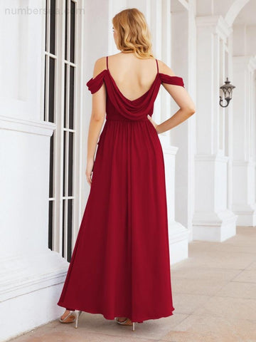 Numbersea Off The Shoulder Chiffon Bridesmaid Dress Long Formal Graduation Gown with Cowl Back 28069