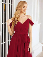Numbersea Off The Shoulder Chiffon Bridesmaid Dress Long Formal Graduation Gown with Cowl Back 28069 by numbersea