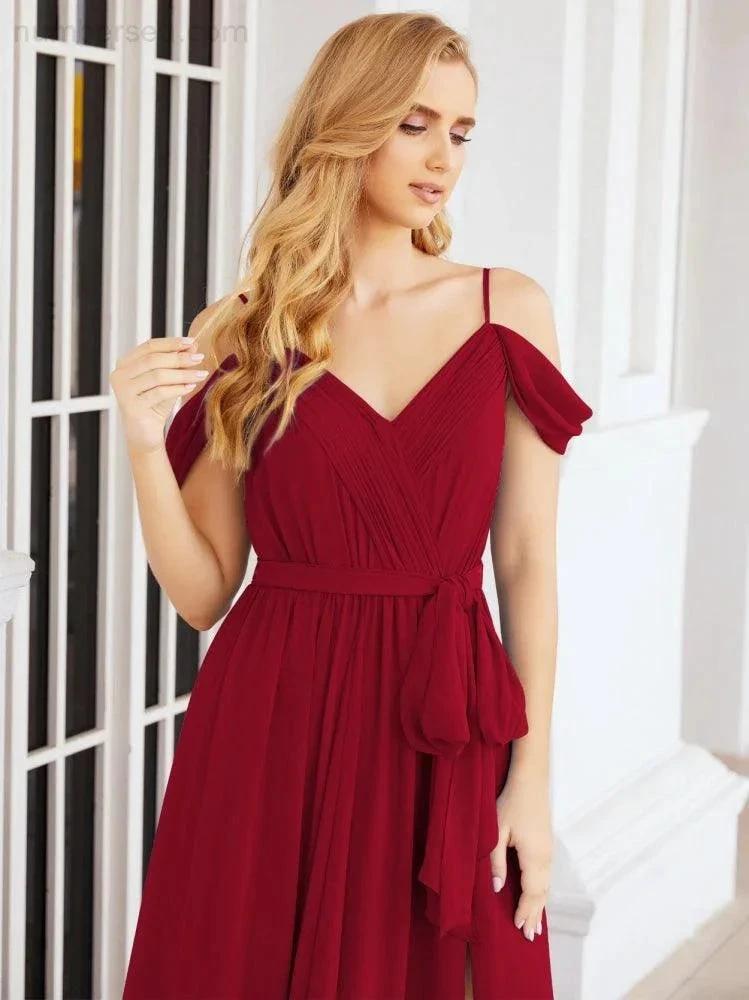 Numbersea Off The Shoulder Chiffon Bridesmaid Dress Long Formal Graduation Gown with Cowl Back 28069 by numbersea