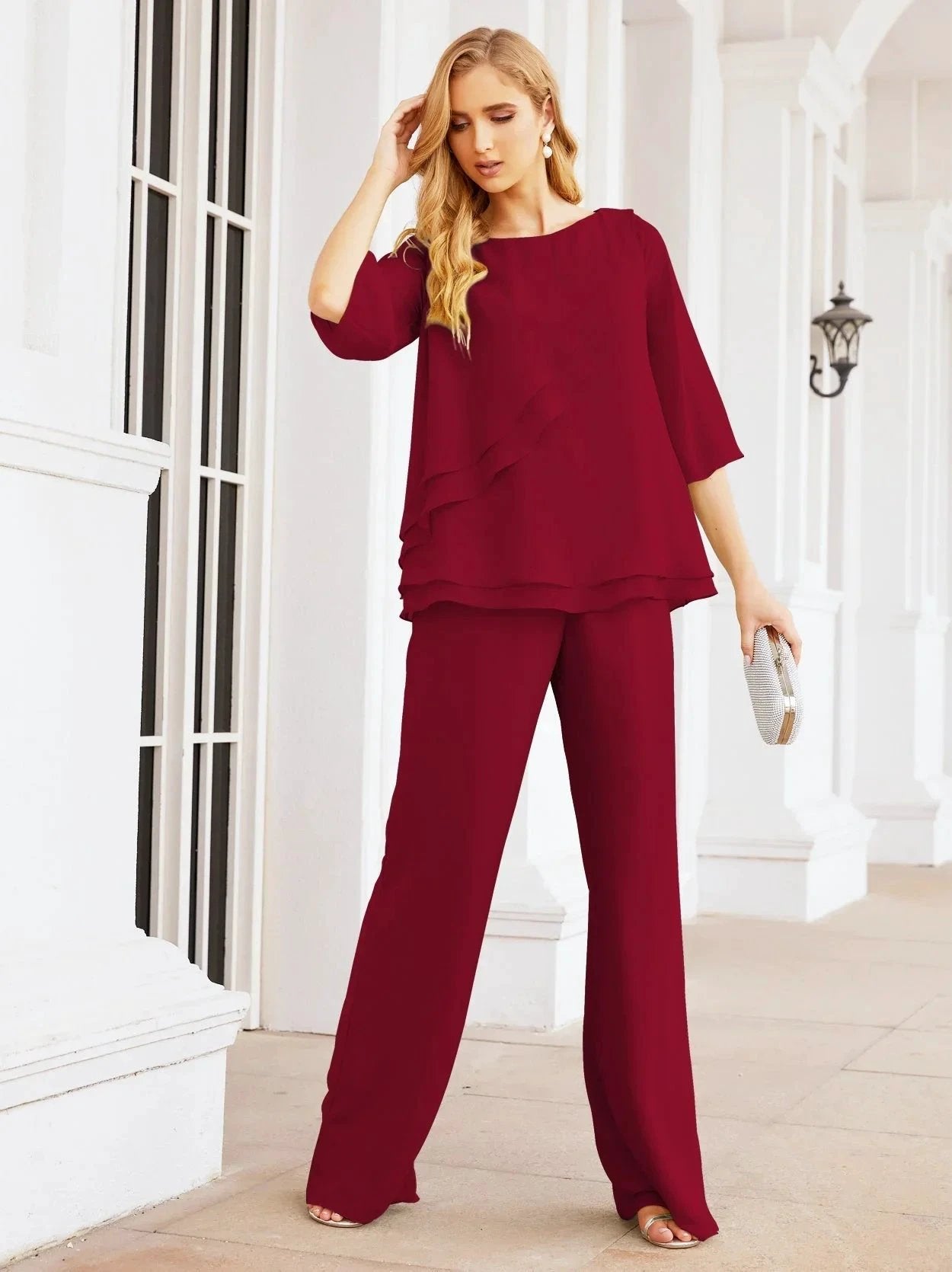 Sunnderly Elegant 2 Piece Mother of The Bride Dress Plus Size Pant Suits Ruffle Layers Sliver Housecoat SY28064 by numbersea