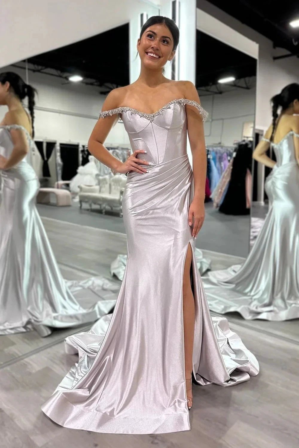 Bellamy | Mermaid V Neck Red Satin Slit Prom Dress with Beading by KissProm