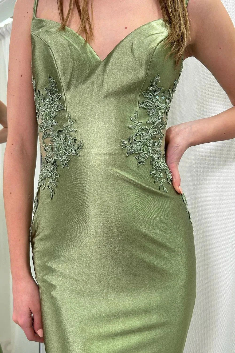 Sage Green Spaghetti Strap Backless Trumpet Long Gown by KissProm