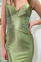 Sage Green Spaghetti Strap Backless Trumpet Long Gown by KissProm