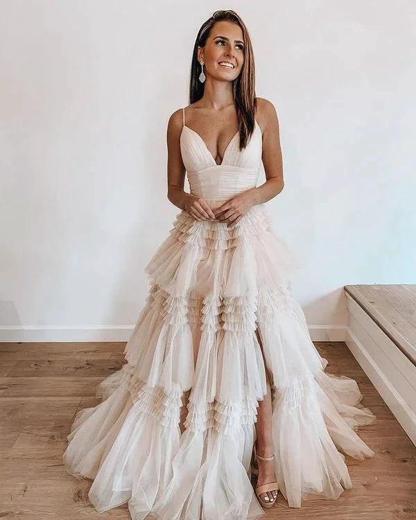 Ball Gown V Neck Straps Light Champagne Tulle Prom Dresses Y1875 by simplepromdress